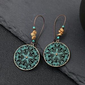 💎New Bohemian Retro Design Round Circular Flower Turquoise Beads Earrings